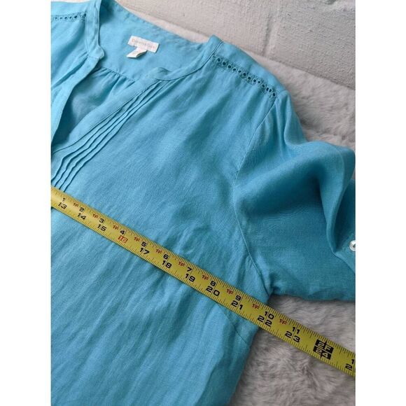 Charter Club Blue 100% Linen Button Up Roll Tab Blouse Sz L Large Pintuck Pleats - Picture 5 of 6
